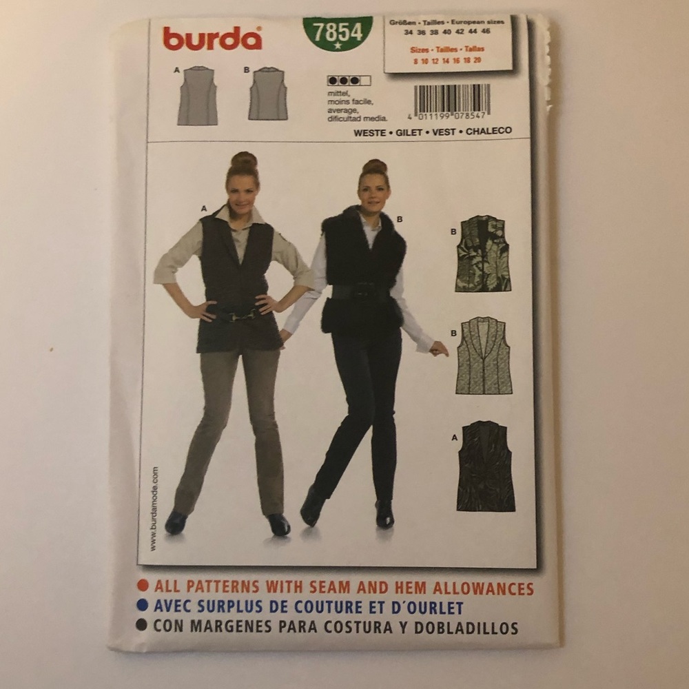 3 for $20 Burda Sewing Pattern 7854 New Uncut